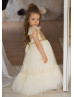 Ruffle Sleeves Gold Sequin Champagne Tulle Unique Flower Girl Dress